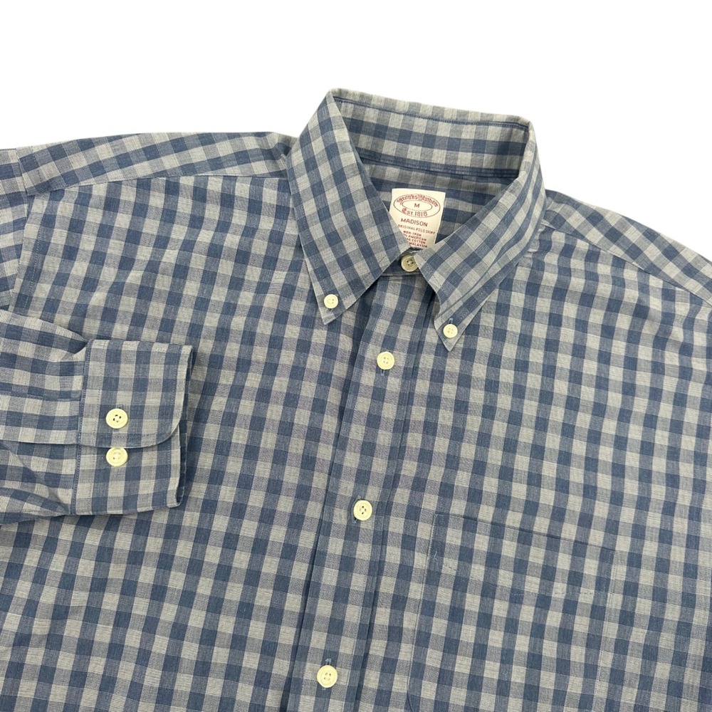 Brooks Brothers Madison Shirt Mens Medium Blue Gingham Supima‎ Cotton Non-Iron